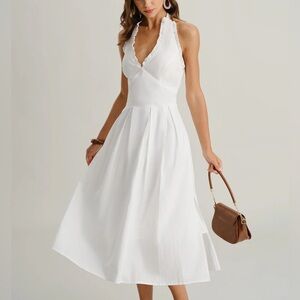 Rihoas White V Neck Halter Sleeveless Midi Dress